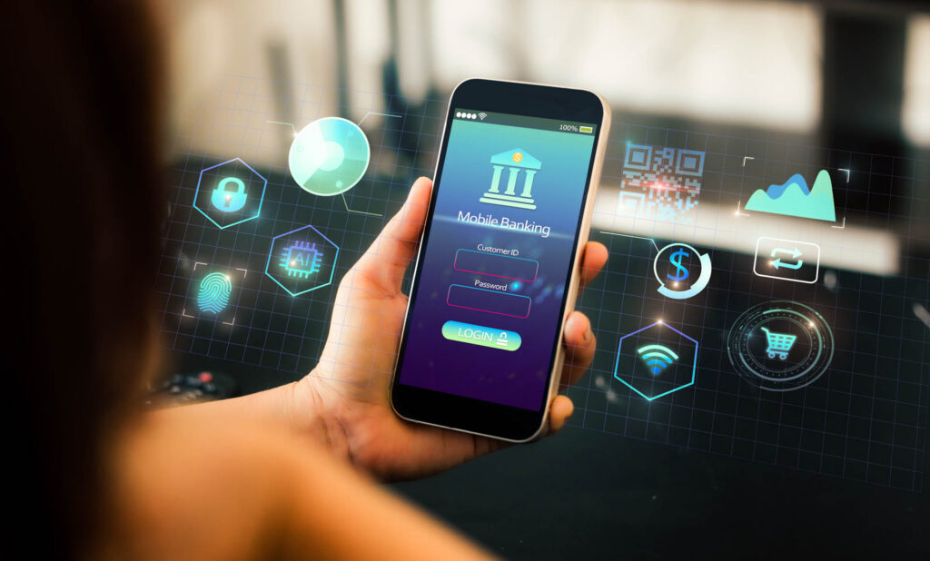 Person holder smartphone med ikoner, der symboliserer digitale bank-services