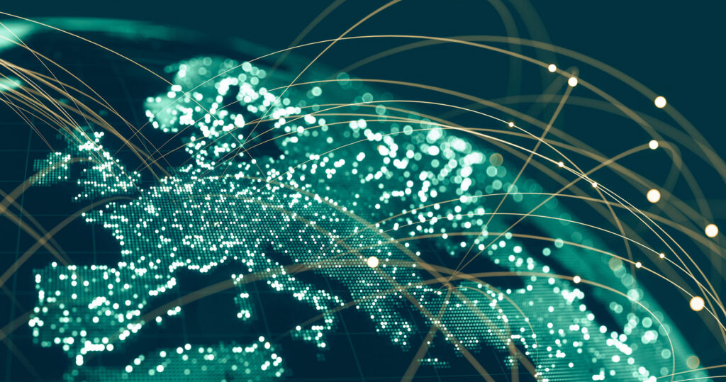 Digital map displaying connected network locations and data points