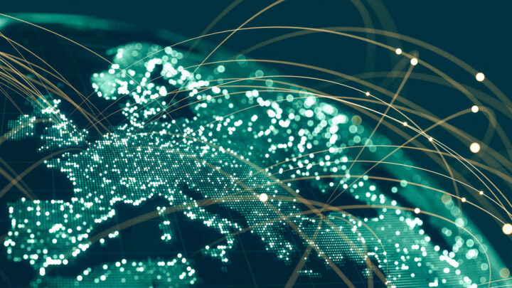 Digital map displaying connected network locations and data points